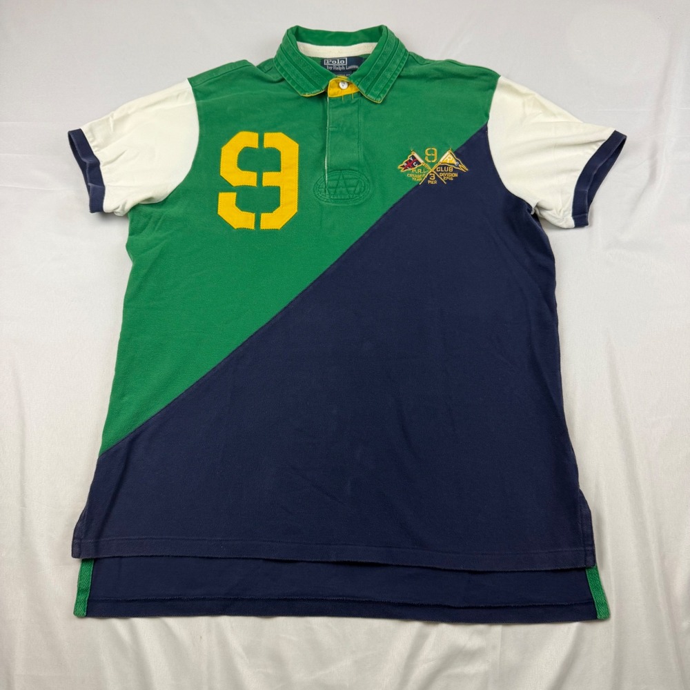 Polo Ralph Lauren Polo Men Large Green Navy Custom Fit Colorblock 9 Patch RRL